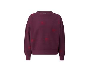 Sweatshirt S.OLIVER JUNIOR, Mädchen, Gr. 170, lila (burgundy aop), Sweatware, Obermaterial: 90% Baumwolle, 10% Polyester, bestickt, normal hüftlang, Rundhals, Sweatshirts Sweatshirt, mit Stickereien /