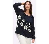 Sweatshirt SHEEGO, Damen, Gr. 44/46, blau (tiefblau, champagner, bedruckt), 50% Modal, 44% Polyester, 6% Elasthan, bedruckt, geblümt, gemustert, mehrfarbig, Rundhals, Sweatshirts Sweatshirt (84611046-