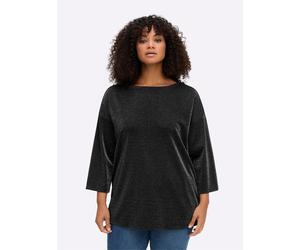 Sweatshirt SHEEGO, Damen, Gr. 48/50, schwarz, 43% Viskose, 41% Polyamid, 9% metallisierte Fasern, 7% Elasthan, unifarben, U-Boot-Ausschnitt, Sweatshirts Sweatshirt (63773631-48) schwarz
