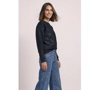 Sweatshirt STREET ONE, Damen, Gr. 36, schwarz (indigo night), Sweatware, 65% Baumwolle, 35% Polyester, unifarben, comfort fit, Rundhals, Bündchen, Sweatshirts Sweatshirt, mit dekorativem Folien-Print,
