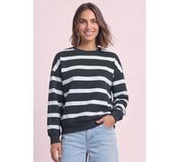 Sweatshirt STREET ONE, Damen, Gr. 46, schwarz-weiß (schwarzest blau), Sweatware, 83% Baumwolle, 17% Polyester, gestreift, normal, Rundhals, Rippbündchen, Sweatshirts Sweatshirt, im Streifen-Design, To