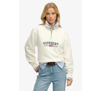 Sweatshirt SUPERDRY "ATH ESS GRAPHIC HALF ZIP", Damen, Gr. L, desert bone sanftes weiß, Sweatware, Obermaterial: 100% Baumwolle, bedruckt, loose fit normal, Rundhals, Rippbündchen, Sweatshirts Sweatsh