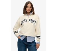 Sweatshirt SUPERDRY "ATHLETIC ESS APPLIQUE HALF ZIP", Damen, Gr. L, beige (desert bone sanftes weiß), Sweatware, Obermaterial: 100% Baumwolle, bedruckt, loose fit normal, ohne Ausschnitt, Rippbündchen