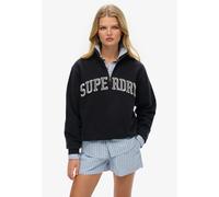 Sweatshirt SUPERDRY "ATHLETIC ESS APPLIQUE HALF ZIP", Damen, Gr. M, blau (eclipse navy), Sweatware, Obermaterial: 100% Baumwolle, bedruckt, loose fit normal, ohne Ausschnitt, Rippbündchen, Sweatshirts