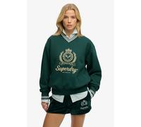 Sweatshirt SUPERDRY "COUNTRY CLUB LOOSE V SWEAT", Damen, Gr. XS, schwarz pine grün, Sweatware, Obermaterial: 70% Baumwolle, 30% Polyester, bedruckt, relaxed fit normal, Rundhals, Rippbündchen, Sweatsh