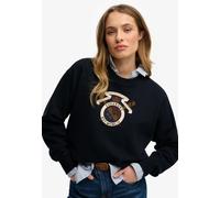 Sweatshirt SUPERDRY "Crest Loose Crew", Damen, Gr. L, schwarz (eclipse navy), Sweatware, Obermaterial: 100% Baumwolle, bedruckt, normal, Rundhals, Rippbündchen, Sweatshirts Sweatshirt, aus Baumwolle u
