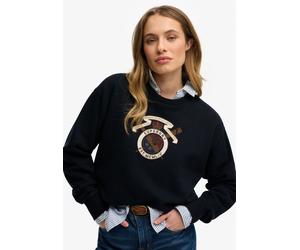 Sweatshirt SUPERDRY "Crest Loose Crew", Damen, Gr. M, schwarz (eclipse navy), Sweatware, Obermaterial: 100% Baumwolle, bedruckt, normal, Rundhals, Rippbündchen, Sweatshirts Sweatshirt, aus Baumwolle u