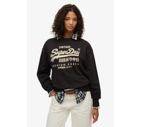 Sweatshirt SUPERDRY "EMBELLISHED VL LOOSE CREW", Damen, Gr. XXL, schwarz (bison schwarz), Sweatware, Obermaterial: 100% Seide, bedruckt, unifarben, relaxed fit hüftlang, Rundhals, Rippbündchen, Sweats