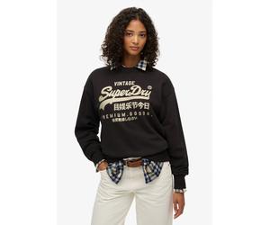 Sweatshirt SUPERDRY "EMBELLISHED VL LOOSE CREW", Damen, Gr. XXL, schwarz (bison schwarz), Sweatware, Obermaterial: 100% Seide, bedruckt, unifarben, relaxed fit hüftlang, Rundhals, Rippbündchen, Sweats