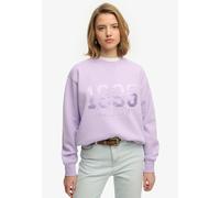 Sweatshirt SUPERDRY "VARSITY SATIN APPLIQUE CREW", Damen, Gr. L, parma violet lila, Sweatware, Obermaterial: 70% Baumwolle, 30% Polyester, bedruckt, relaxed fit normal, Rundhals, Rippbündchen, Sweatsh