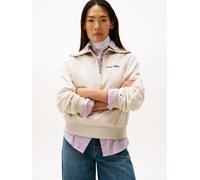 Tommy Hilfiger Damen Sweatshirt mit Reißverschluss Classic Script Fleece Half-Zip, Elfenbein (Heather Oatmilk), L