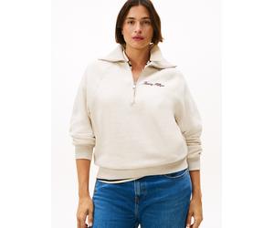 Sweatshirt TOMMY HILFIGER CURVE "CRV CLASSIC SCRIPT FLEECE 1/2ZIP", Damen, Gr. 46, beige (heather oatmilk), Sweatware, Obermaterial: 77% Baumwolle, 23% Polyester, unifarben, Bündchen, Sweatshirts Swea