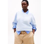 Sweatshirt TOMMY HILFIGER CURVE "CRV SCRIPT REG PIQUE SWTSHRT", Damen, Gr. 52, blau (breezy blau), Sweatware, Obermaterial: 85% Baumwolle, 15% Polyamid, unifarben, regular fit normal, Rundhals, Rippbü