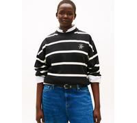 Sweatshirt TOMMY HILFIGER CURVE "CRV TH SCRIPT MDRN TERRY SWTSHRT", Damen, Gr. 52, schwarz, calico stp, Sweatware, Obermaterial: 83% Baumwolle, 13% Polyester, 4% Elasthan, gestreift, Rundhals, Sweatsh