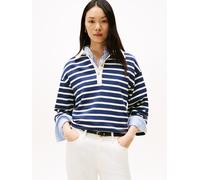 Sweatshirt TOMMY HILFIGER "GOLD BUTTON RUGBY TERRY SWTSHRT", Damen, Gr. L (40), schwarz night navy, ivory silk stp, Sweatware, Obermaterial: 100% Baumwolle, gestreift, casual, hüftlang, Rundhals, Lang