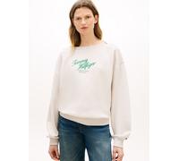 Sweatshirt TOMMY HILFIGER "MDRN SCRIPT TERRY SWEATSHIRT", Damen, Gr. M (40), heather oatmilk, Sweatware, Obermaterial: 100% Baumwolle, meliert, regular fit kurz, Rundhals, Sweatshirts Sweatshirt, mit