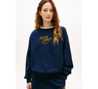 Sweatshirt TOMMY HILFIGER "MDRN SCRIPT TERRY SWEATSHIRT", Damen, Gr. XS (34), schwarz night navy, Sweatware, Obermaterial: 100% Baumwolle, unifarben mit Farbeinsatz, regular fit kurz, Rundhals, Sweats