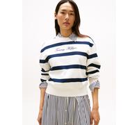 Sweatshirt TOMMY HILFIGER "SCRIPT REG PIQUE SWTSHRT", Damen, Gr. XXXL(46), ivory silk, schwarz night navy stp, Sweatware, Obermaterial: 85% Baumwolle, 15% Polyamid, gestreift, regular fit normal, Rund