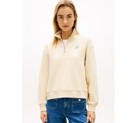 Sweatshirt TOMMY HILFIGER "TH SCRIPT REG HALF-ZIP", Damen, Gr. XL (46), country ivory, Sweatware, Obermaterial: 83% Baumwolle, 13% Polyester, 4% Elasthan, unifarben, regular fit hüftbedeckend, hoch ge