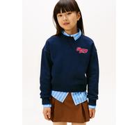 Sweatshirt TOMMY HILFIGER "TOMMY FLOCK SWEATSHIRT", Mädchen, Gr. 7 (122), blau (schwarz night navy), Sweatware, Obermaterial: 68% Baumwolle, 32% Polyester, unifarben, regular fit normal, Rundhals, ein