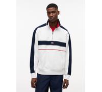 Sweatshirt TOMMY JEANS "TJM RLX COLOR BLOCK QUARTER ZIP", Herren, Gr. S, weiß (ecru), Sweatware, Obermaterial: 100% Baumwolle, relaxed fit normal, Rippbündchen, Sweatshirts Sweatshirt, Stehkragen mit