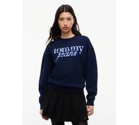 Sweatshirt TOMMY JEANS "TJW BXY CHECK SCRIPT CREW", Damen, Gr. M (40), dunkelblau, Sweatware, Obermaterial: 85% Baumwolle, 15% Polyester, bedruckt, normal, Rundhals, Rippbündchen, Sweatshirts Sweatshi