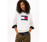 Sweatshirt TOMMY JEANS "TJW REG TJ FLAG CREW", Damen, Gr. S (36/38), beige (ecru), Sweatware, Obermaterial: 100% Baumwolle, bedruckt, regular fit normal, Rundhals, Rippbündchen, Sweatshirts Sweatshirt