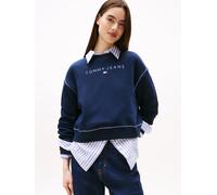 Sweatshirt TOMMY JEANS "TJW RLX CRP STITCH LINEAR CREW", Damen, Gr. XL (42), blau (schwarz night navy), Sweatware, Obermaterial: 80% Baumwolle, 20% Polyester, unifarben, relaxed fit, Rundhals, Rippbün