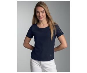 Sweatshirt TRIGEMA "TRIGEMA Shirt mit kurzen Ärmeln mit Kristallsteinen", Damen, Gr. XL, blau (navy), Sweatware, 55% Polyester, 45% Baumwolle, normal, Rundhals, Sweatshirts Sweatshirt (32979240-XL) na