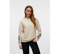 Sweatshirt VERO MODA "VMKAROL BEA LS SWEAT BOX JRS GA", Damen, Gr. S, birch detail:navy embroidery on sleeves, Sweatware, Obermaterial: 52% Baumwolle, 48% Polyester, unifarben mit Farbeinsatz, loose f