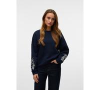 Sweatshirt VERO MODA "VMKAROL BEA LS SWEAT BOX JRS GA", Damen, Gr. S, blau (navy blazer detail:embroidery on sleeves), Sweatware, Obermaterial: 52% Baumwolle, 48% Polyester, unifarben mit Farbeinsatz,