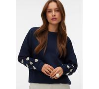Sweatshirt VERO MODA "VMKAROL BEA LS SWEAT BOX JRS GA", Damen, Gr. S, navy blazer detail:weiß emb hearts on sleeves, Sweatware, Obermaterial: 52% Baumwolle, 48% Polyester, unifarben mit Farbeinsatz, l