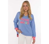 Sweatshirt ZWILLINGSHERZ "Dana", Damen, Gr. L/XL, blau (new blau), Sweatware, Obermaterial: 50% Baumwolle, 50% Polyester, unifarben mit Farbeinsätzen, normal hüftlang, V-Ausschnitt, Sweatshirts Sweats