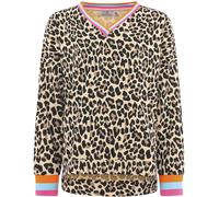 Sweatshirt ZWILLINGSHERZ ""Leo Allover Neon Kante"", Damen, Gr. S/M, blau (beige, türkis), Sweatware, Obermaterial: 50% Baumwolle, 50% Polyester, regular fit normal, V-Ausschnitt, angesetztes Bündchen