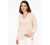 Sweatshirt ZWILLINGSHERZ ""Leo Pastell"", Damen, Gr. L/XL, beige, Jersey, Obermaterial: 50% Baumwolle, 50% Polyester, gemustert, mehrfarbig, hüftbedeckend, V-Ausschnitt, Sweatshirts Sweatshirt, mit V-