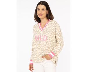Sweatshirt ZWILLINGSHERZ "Leo Pastell", Damen, Gr. L/XL, beige, Jersey, Obermaterial: 50% Baumwolle, 50% Polyester, gemustert, mehrfarbig, hüftbedeckend, V-Ausschnitt, Sweatshirts Sweatshirt, mit V-Au
