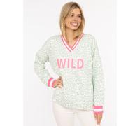 Sweatshirt ZWILLINGSHERZ ""Leo Pastell"", Damen, Gr. L/XL, grün (salbei), Jersey, Obermaterial: 50% Baumwolle, 50% Polyester, gemustert, mehrfarbig, modisch, hüftbedeckend, V-Ausschnitt, Langarm, Swea