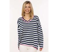 Sweatshirt ZWILLINGSHERZ "Neon Streifen", Damen, navy, Web, Obermaterial: 50% Baumwolle, 50% Polyester, gestreift, kontrastfarbene Details, mehrfarbig, bequem hüftlang, V-Ausschnitt, offene Kante kont