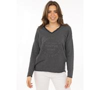 Sweatshirt ZWILLINGSHERZ "Positive Mind", Damen, Gr. S/M, dunkelgrau, Sweatware, Obermaterial: 70% Baumwolle, 30% Polyester, lässig geschnitten Po-bedeckend, V-Ausschnitt, Sweatshirts Sweatshirt, ausg