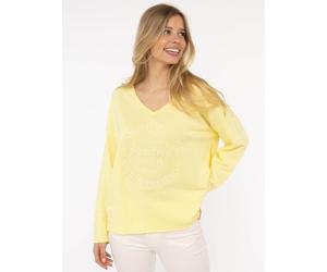 Sweatshirt ZWILLINGSHERZ "Positive Mind", Damen, Gr. S/M, gelb, Sweatware, Obermaterial: 70% Baumwolle, 30% Polyester, unifarben, used, lässig geschnitten Po-bedeckend, V-Ausschnitt, Sweatshirts Sweat