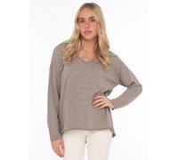 Sweatshirt ZWILLINGSHERZ ""Positive Mind"", Damen, Gr. SM (S/M), grau (taupe), Sweatware, Obermaterial: 70% Baumwolle, 30% Polyester, unifarben, used, lässig geschnitten Po-bedeckend, V-Ausschnitt, Sw