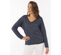 Sweatshirt ZWILLINGSHERZ "„Positive Mind Neon Kante”", Damen, Gr. L/XL, grau (marine), angeraute Sweatware, Obermaterial: 70% Baumwolle, 30% Polyester, normal hüftlang, V-Ausschnitt, Sweatshirts Sweat