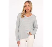 Sweatshirt ZWILLINGSHERZ "„Positive Mind Neon Kante”", Damen, Gr. L/XL (L/XL), grau, angeraute Sweatware, Obermaterial: 70% Baumwolle, 30% Polyester, unifarben mit Farbeinsatz, normal hüftlang, V-Auss