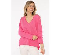 Sweatshirt ZWILLINGSHERZ "„Positive Mind Neon Kante”", Damen, Gr. SM (S/M), pink, angeraute Sweatware, Obermaterial: 70% Baumwolle, 30% Polyester, unifarben, normal hüftlang, V-Ausschnitt, Sweatshirts