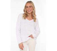 Sweatshirt ZWILLINGSHERZ "„Positive Mind Neon Kante”", Damen, Gr. SM (S/M), weiß, angeraute Sweatware, Obermaterial: 70% Baumwolle, 30% Polyester, unifarben, normal hüftlang, V-Ausschnitt, Sweatshirts