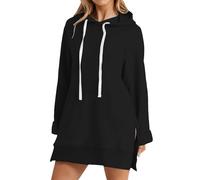 Sweatshirtkleid Cihdmfb Damen Oversized Lange Hoodie Kleid Elegant Einfarbig Langarm Kapuzenpullover Side Slit Saum Sweatkleid Kordelzug Sweatshirt mit Kapuzen Pulloverkleid mit Taschen(A-Schwarz,XXL)