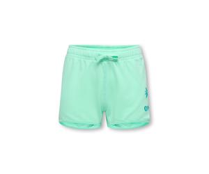 Sweatshorts KIDS ONLY "KOGAMANDA LIFE STRING SHORTS UB FR SWT", Mädchen, Gr. 146/152, N-Gr, clean grün detail:palm only, aqua wash, Sweatware, Obermaterial: 100% Baumwolle, unifarben, Basic kurz, Hose