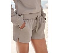 Sweatshorts LASCANA, Damen, Gr. 44/46, N-Gr, grau (taupe), Sweatware, Obermaterial: 100% Baumwolle, bestickt, unifarben, bequem kurz, Hosen Sweatshorts, aus organischer Baumwolle, Loungewear (78552505