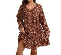 SweatyRocks Blusenkleid Damen Große Größen Langarm Kleid Mit Blumenmuster Herbstkleid Hemdblusenkleid Leo Kleid Damen Mode Midikleid Orange 2XL