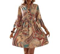 SweatyRocks Blusenkleid Damen Langarm Hemdblusenkleid Boho Kleid Mit Paisley Muster Strandkleid Luftig Hippie Kleid Italienische Mode Midikleid Aprikosenfarben M